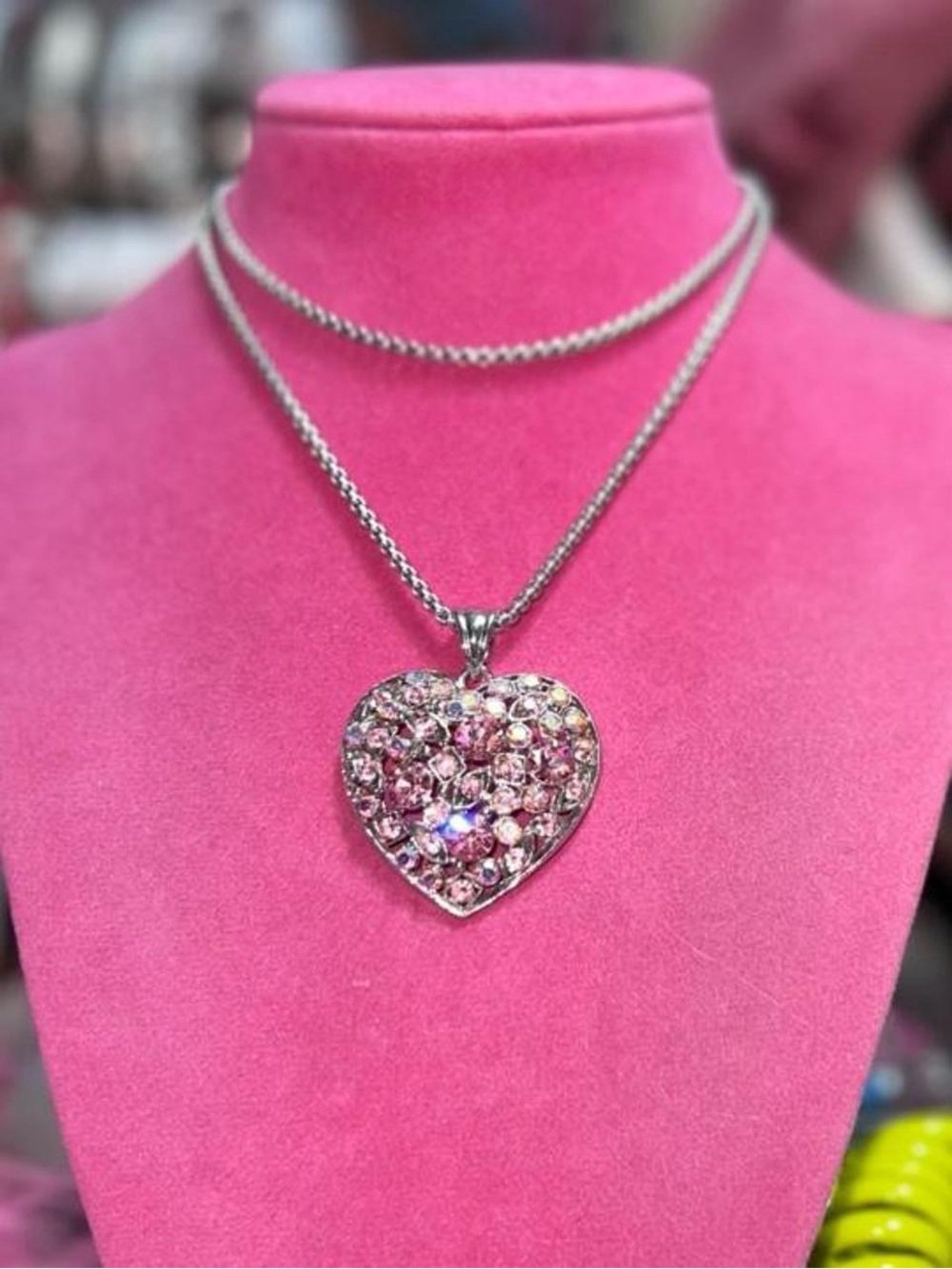 Silver Heart Pendant Necklace with Pink Crystals